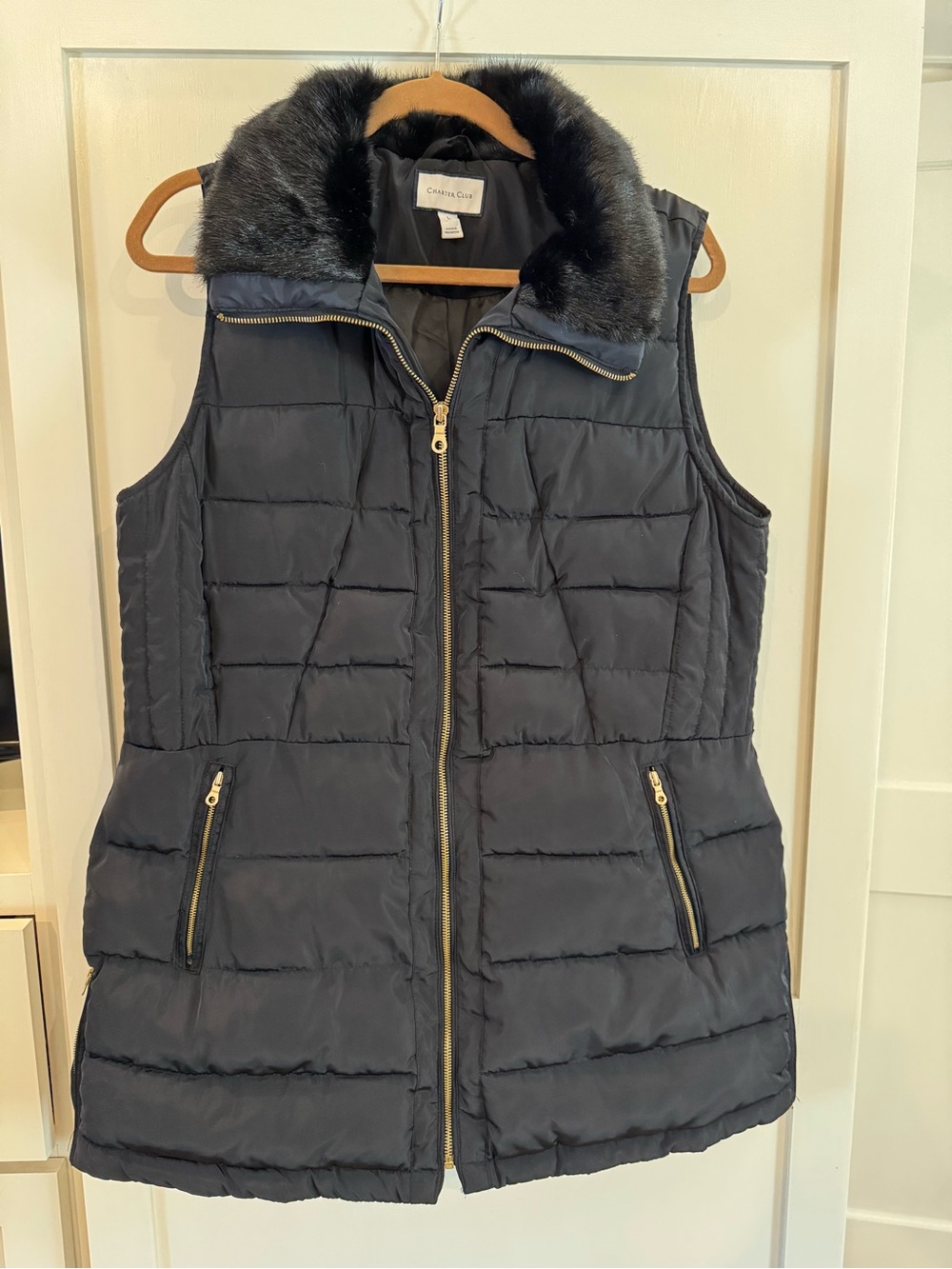 Charter Club Black Vest with Faux Fur Collar